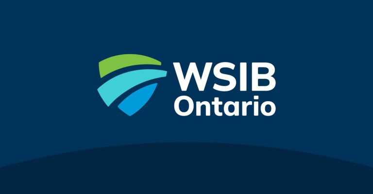 WSIB Ontario logo on a dark blue background featuring the Workplace Safety and Insurance Board branding and modern shield-style graphic design.
